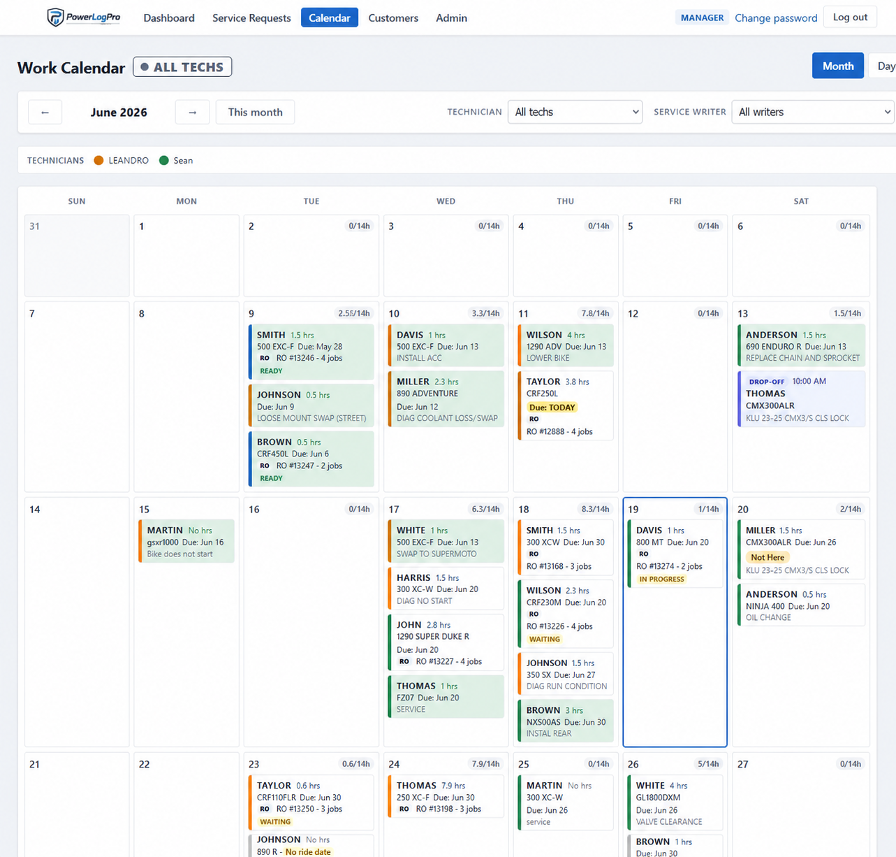 PowerLogPro default service calendar view.