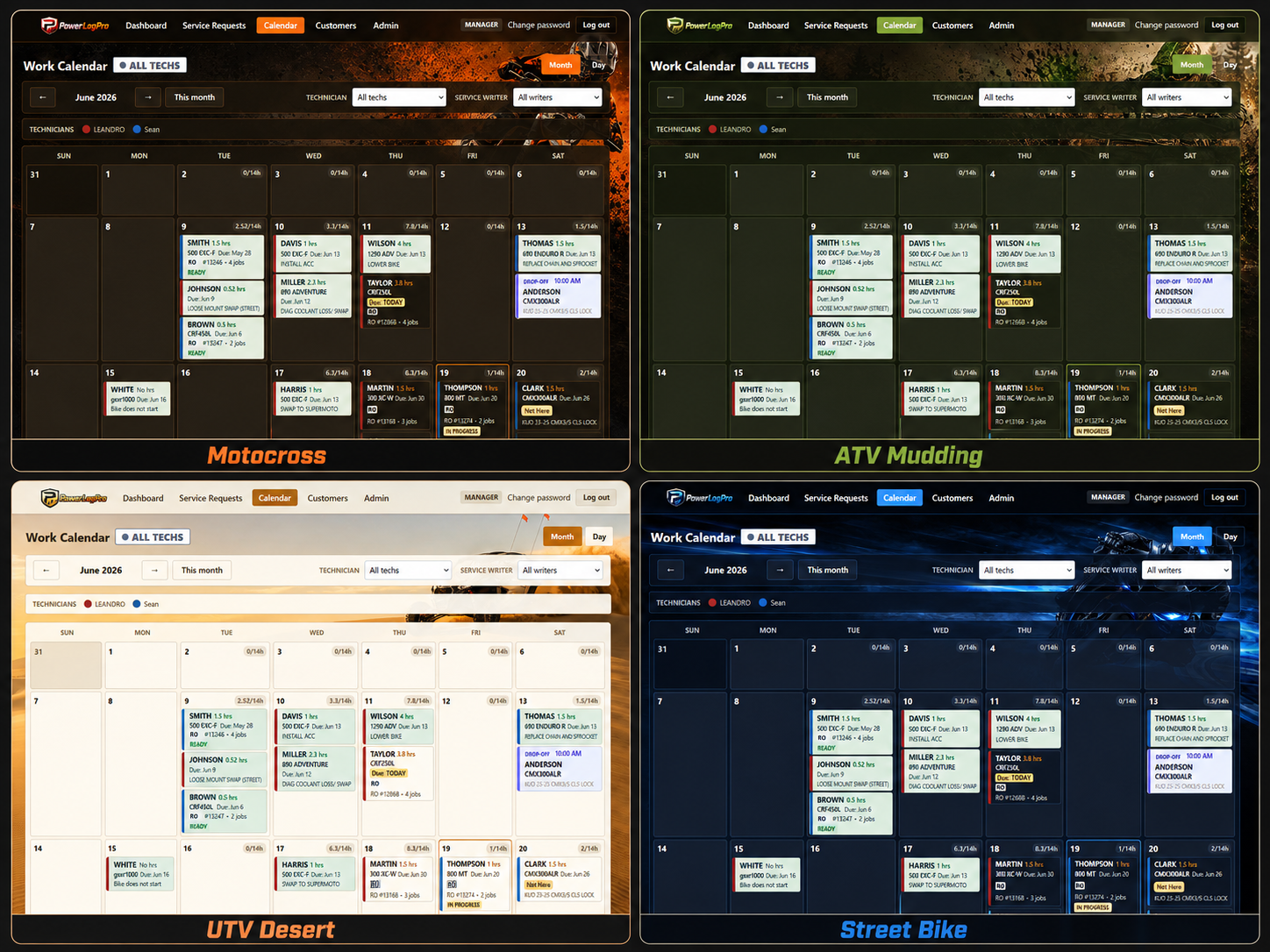 PowerLogPro calendar theme options showing motocross, ATV mudding, UTV desert, and street bike views.